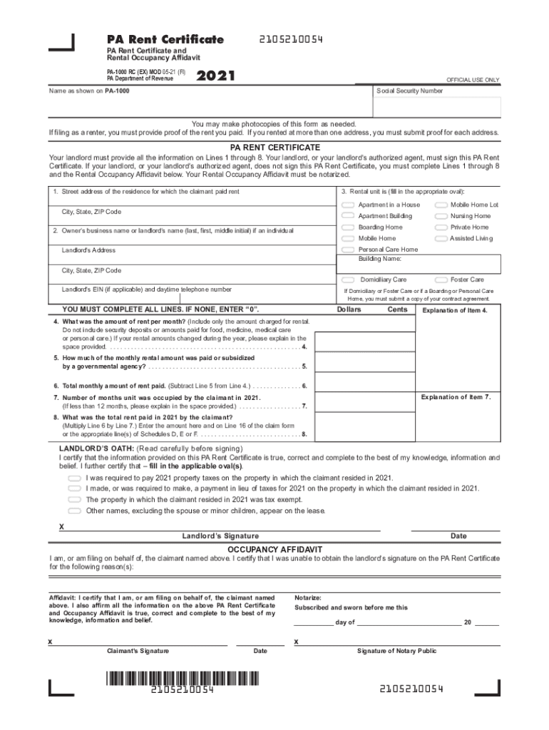 PA Rent Certificate PA Rent Certificate and Rental Occupancy Affidavit PA 1000 RC FormsPublications