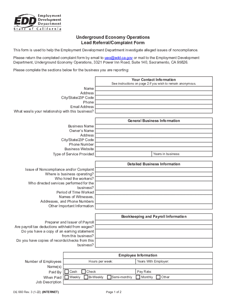 Underground Economy Operations Lead ReferralComplaint Form DE 660 Rev 3 1 22