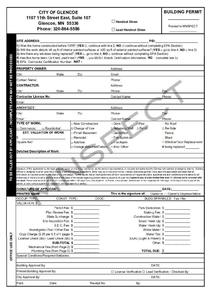 CITY of GLENCOE 1107 11th Street East, Suite 107 Ask for Our Plumbing  Form