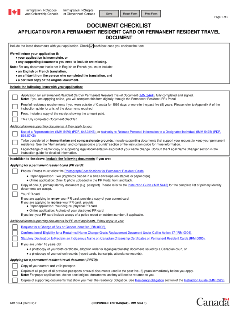 PDF Document Checklist Application for a Permanent Resident Card or  Form