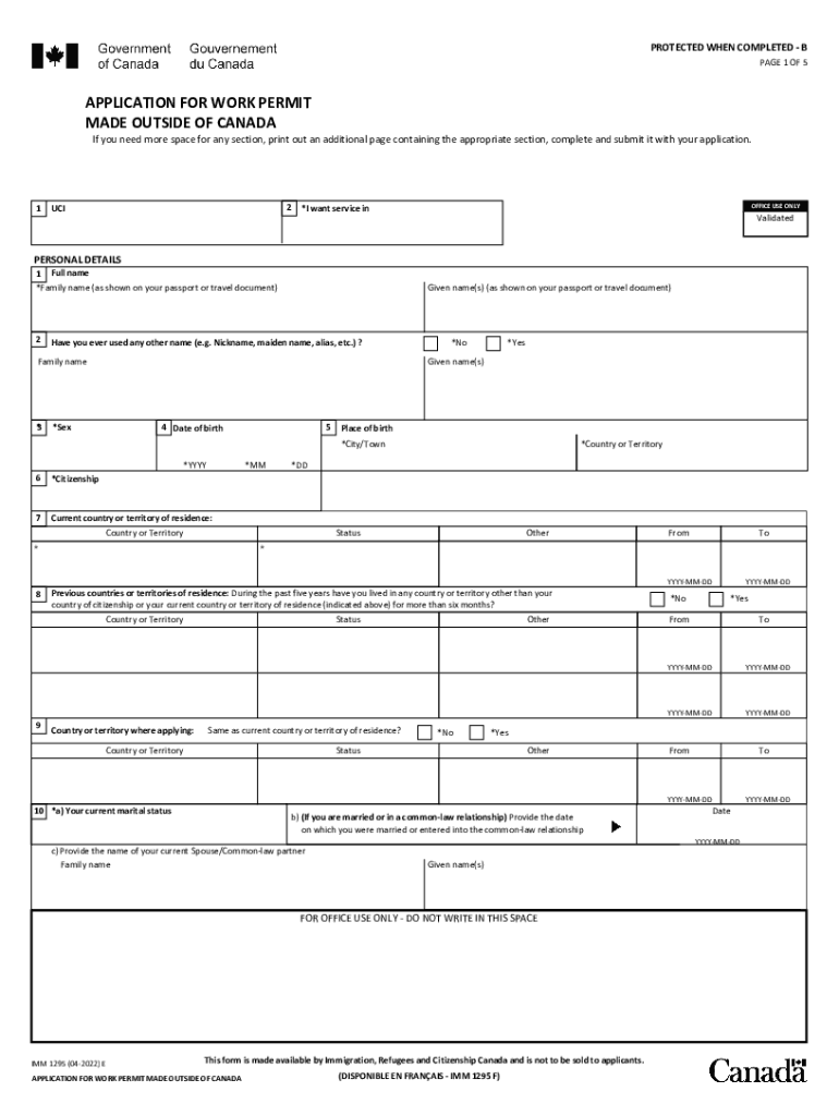 IMM 1295 E Application for Work Permit Made Outside of Canada  Form