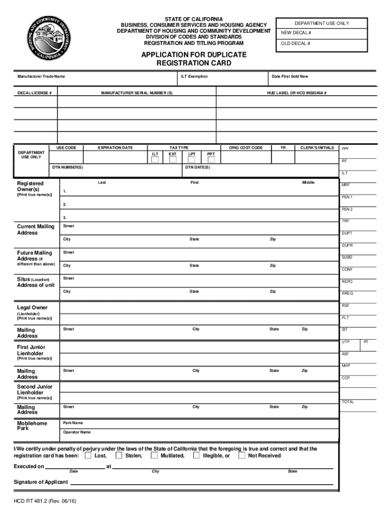 Application for Duplicate Registration Card; Form HCD RT 481 2