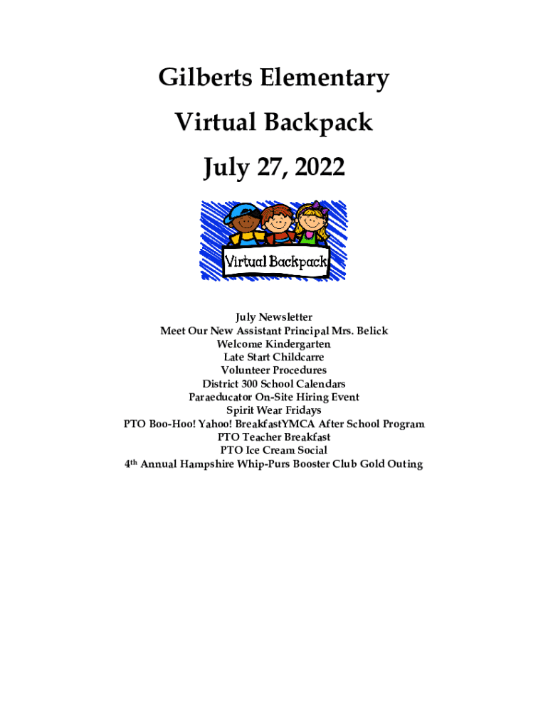 Gilbert&#039;s Elementary Virtual Backpack July 27, 202  Form