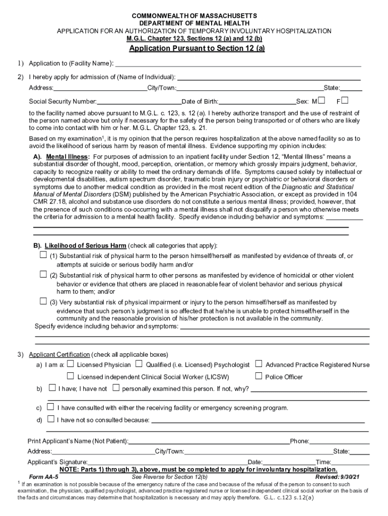 Application for an Authorization of Temporary Involuntary Hospitalization  Form