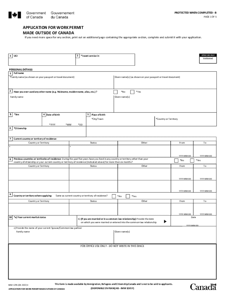  IMM 1295 E Application for Work Permit Made Outside of Canada Imm1295e PDF 2022