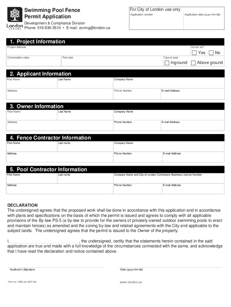 Www Businesslicenses ComLicensesCALondon, CA Application for a Swimming Pool Operating Permit  Form