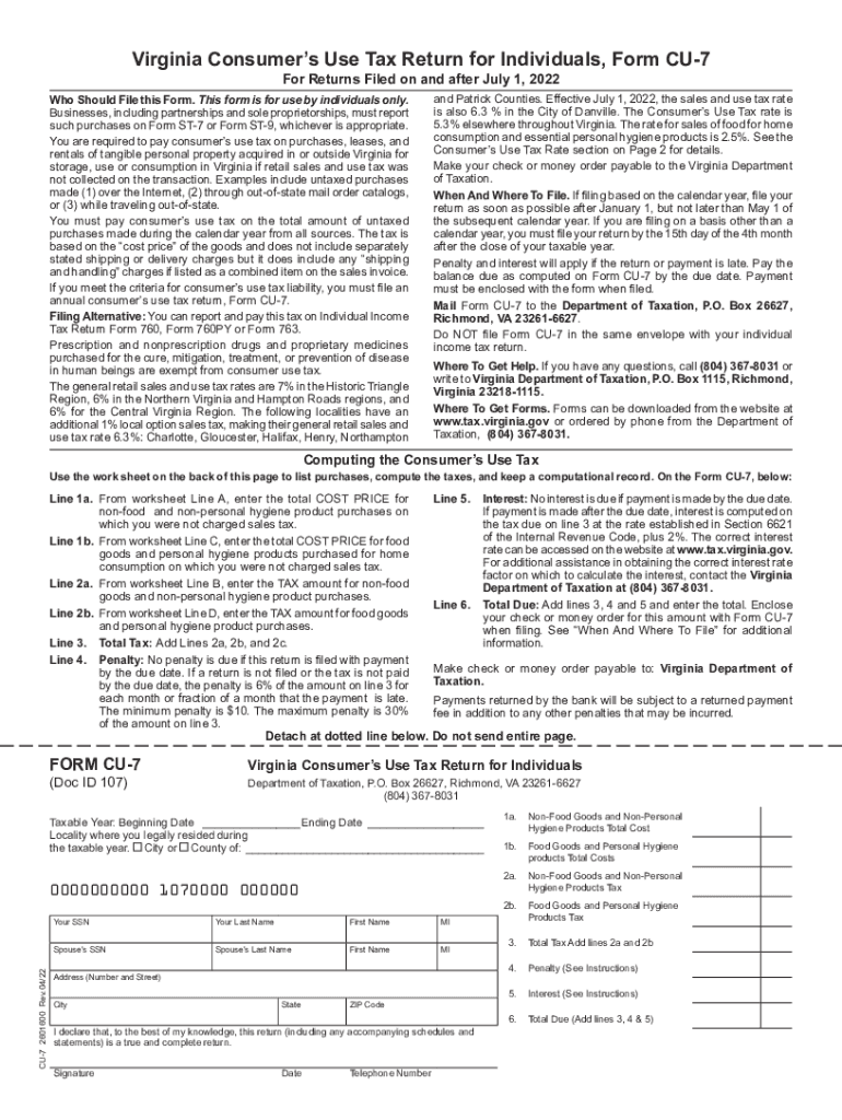  Www Templateroller Comtemplate2315762Form CU 7 &amp;quot;Virginia Consumer&#039;s Use Tax Return for Individuals 2022