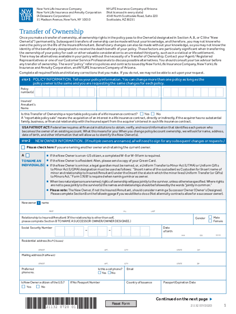 New York Life Transfer of Ownership Form 2021-2025