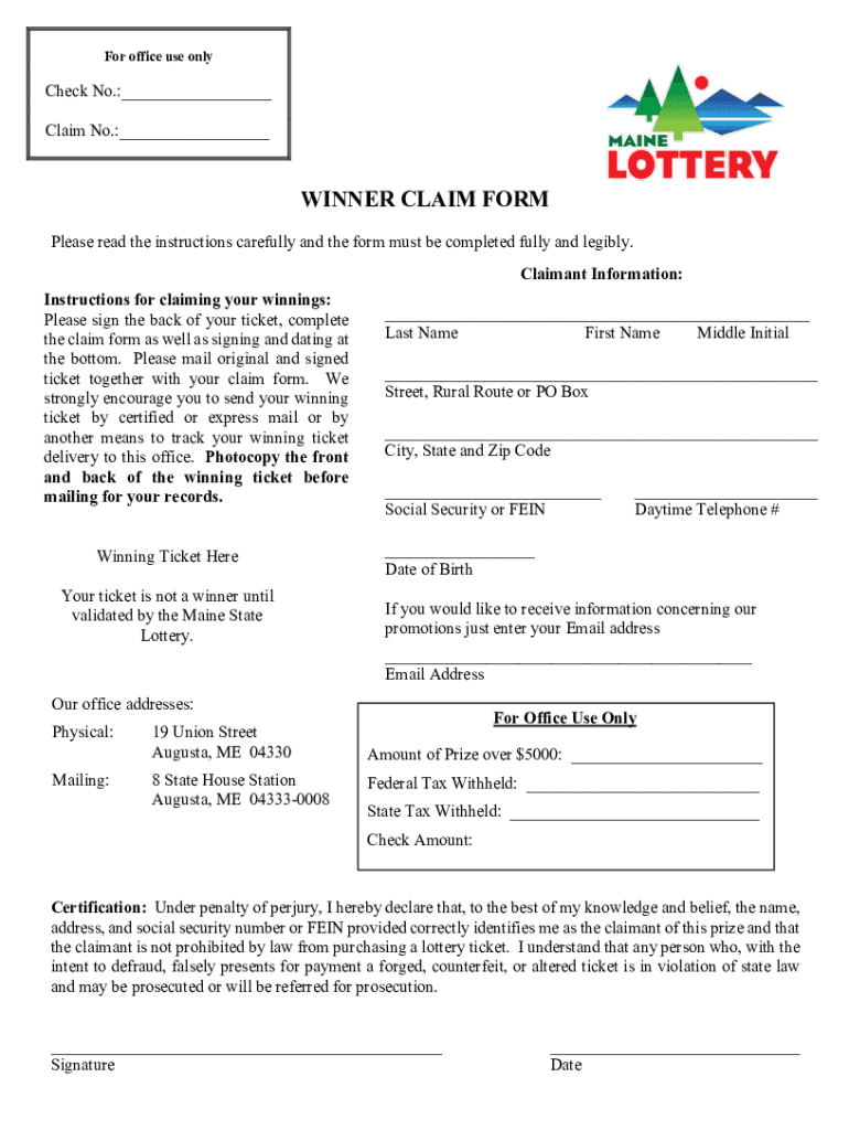 PDF WINNER CLAIM FORM Maine State Lottery