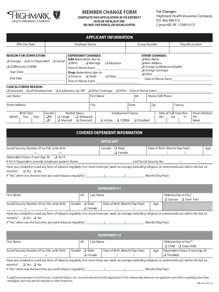  Highmark Health Insurance Member Change Form 2013
