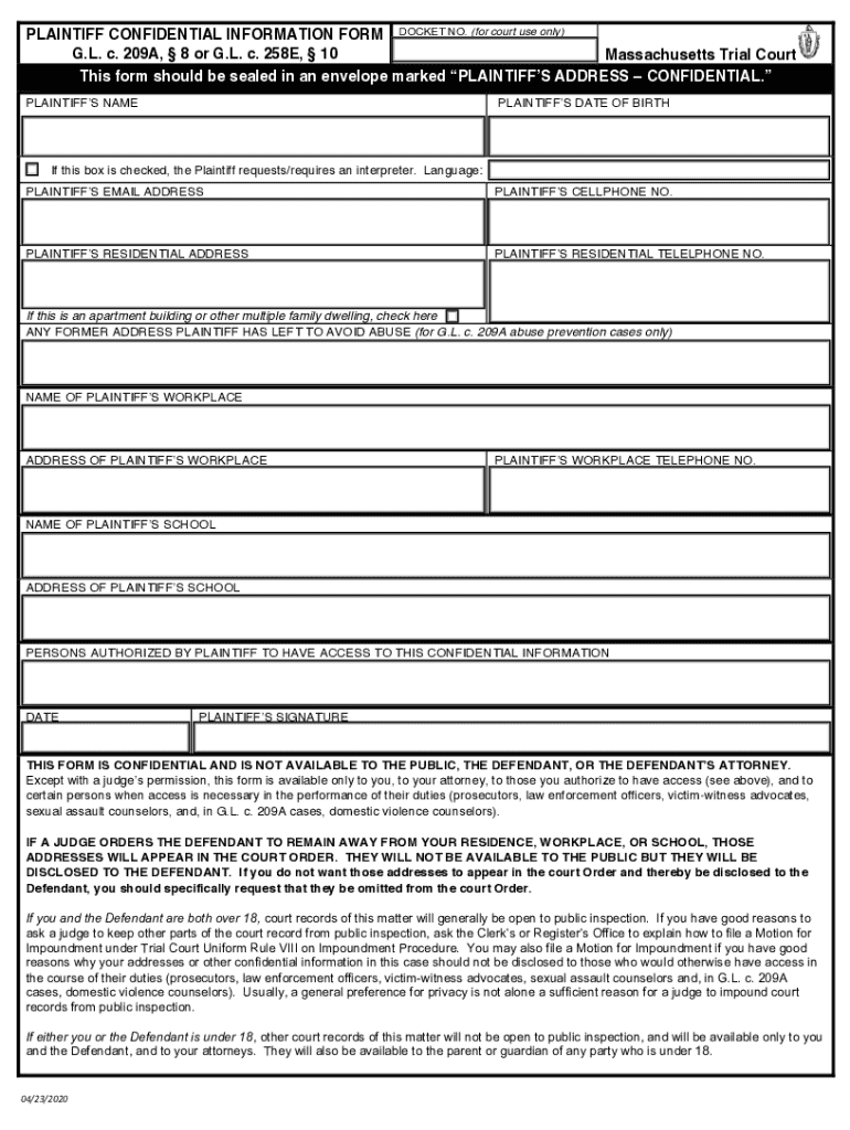 Fillable Trial Court of Massachusetts Civil Action Cover Sheet  Form