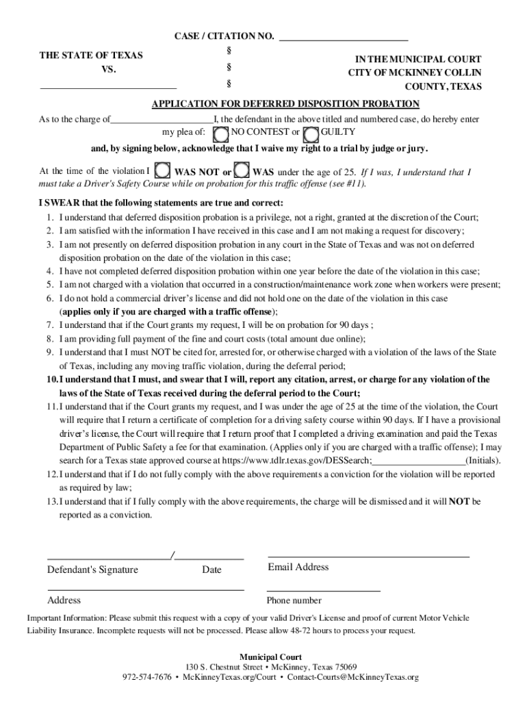 Www Prospertx GovDeferredApplicationCAUSE NUMBER the STATE of TEXASIN the MUNICIPAL COURT VS  Form