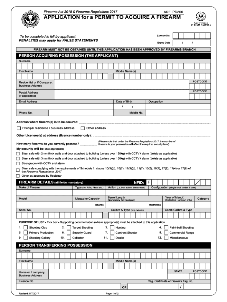  PD306 Application for a Permit to Acquire a Firearm MASTER Revised 572017 PDF 2017-2024