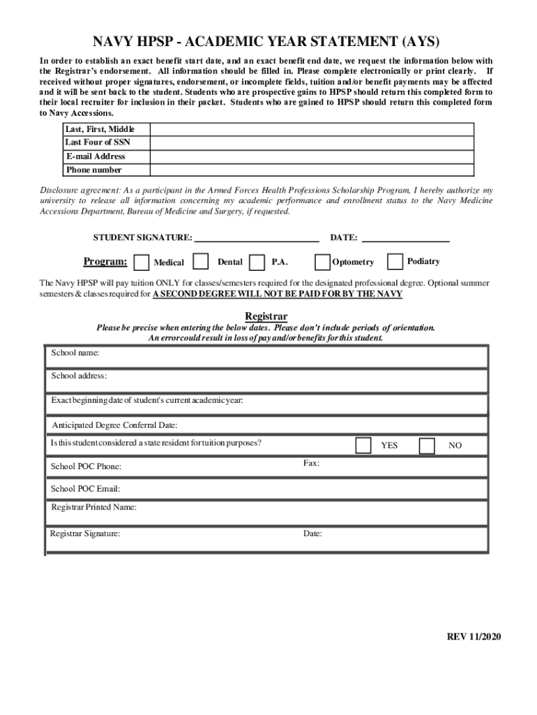 Www Med Navy MilPortals62NAVY HPSP ACADEMIC YEAR STATEMENT AYS  Form