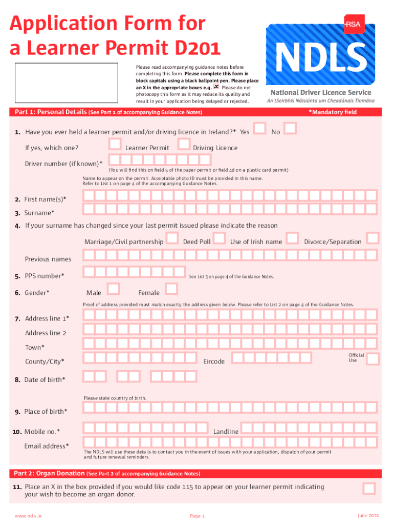 Application Form for a Learner Permit D201 Please 2021-2025