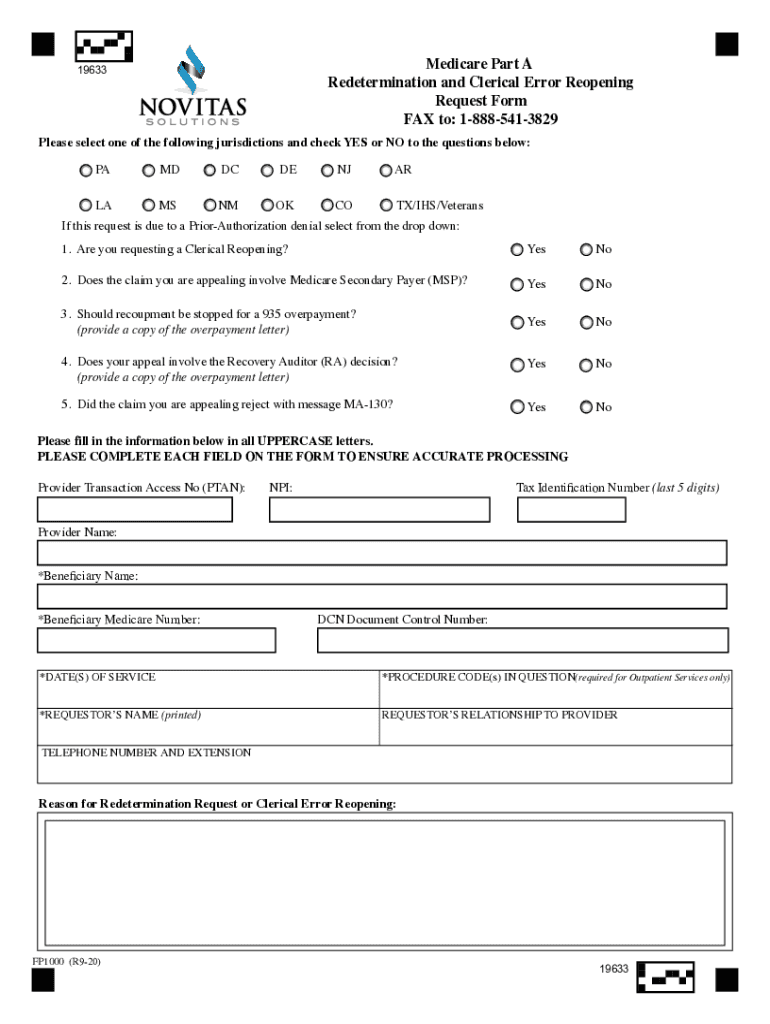 Medicare Part a Redetermination and Clerical Error Reopening Request Form