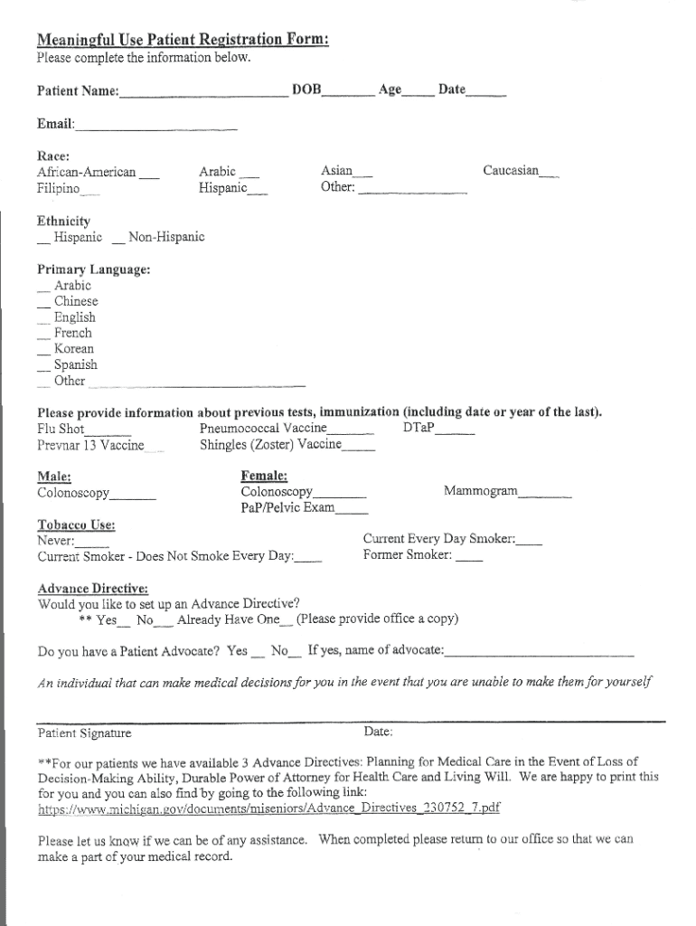 Meaningful Use Patient Registration Form in Compl