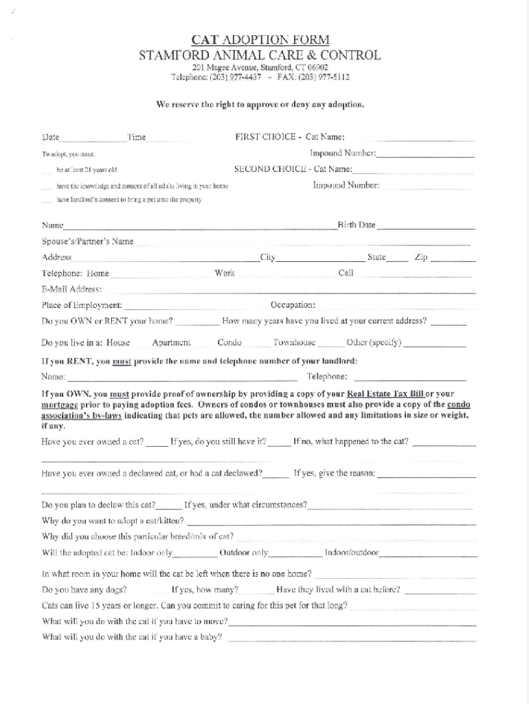  CAT ADOPTION FORM STAMFORD ANIMAL CARE &amp; CONTROL 2 2011-2024