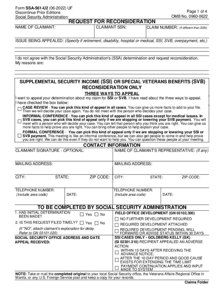 Form SSA 561Request for Reconsideration Social Security Administration 2022