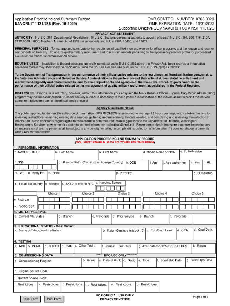 Application Processing and Summary Record RECRUIT  Form