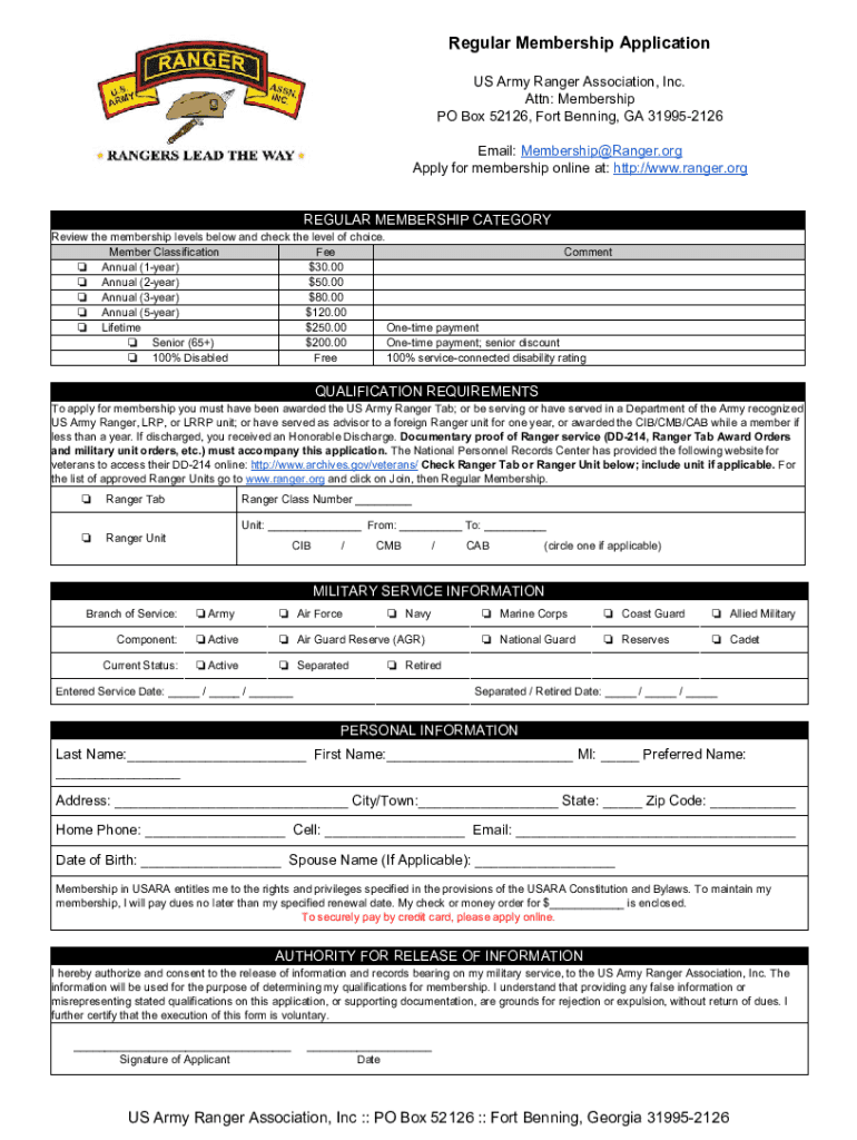 Ranger Wildapricot OrgRegular MembershipUS Army Ranger Association Regular Membership Application  Form