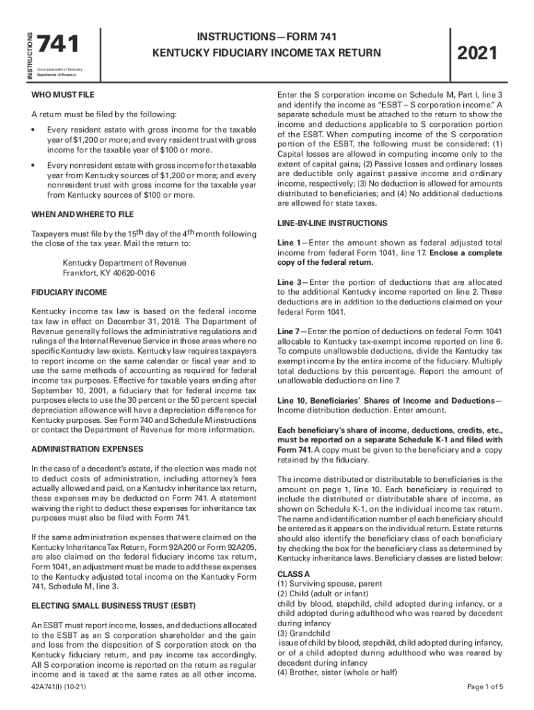  Revenue Ky GovForms200242A741Form 741 KENTUCKY FIDUCIARY INCOME TAX RETURN Attach a Copy 2021