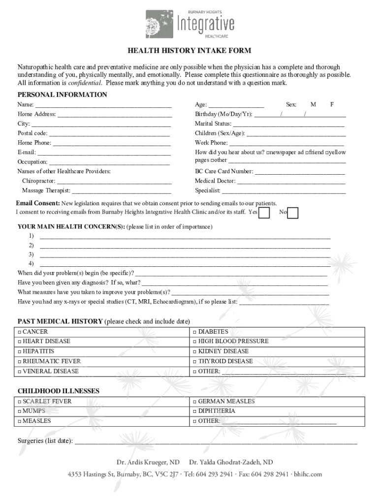 BHIHC Naturopathic Intake Form Includes Consent