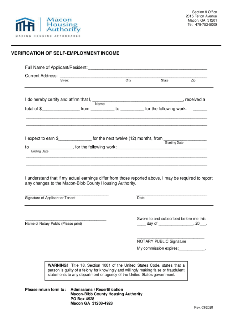 PDF Verif Self Employment Income MACON HOUSING AUTHORITY  Form