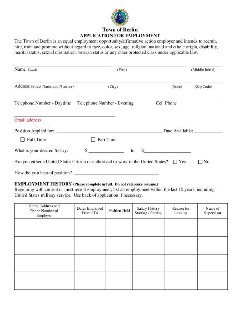 Www Berlinct GovegovdocumentsAPPLICATION for EMPLOYMENT Home Berlin, CT  Form