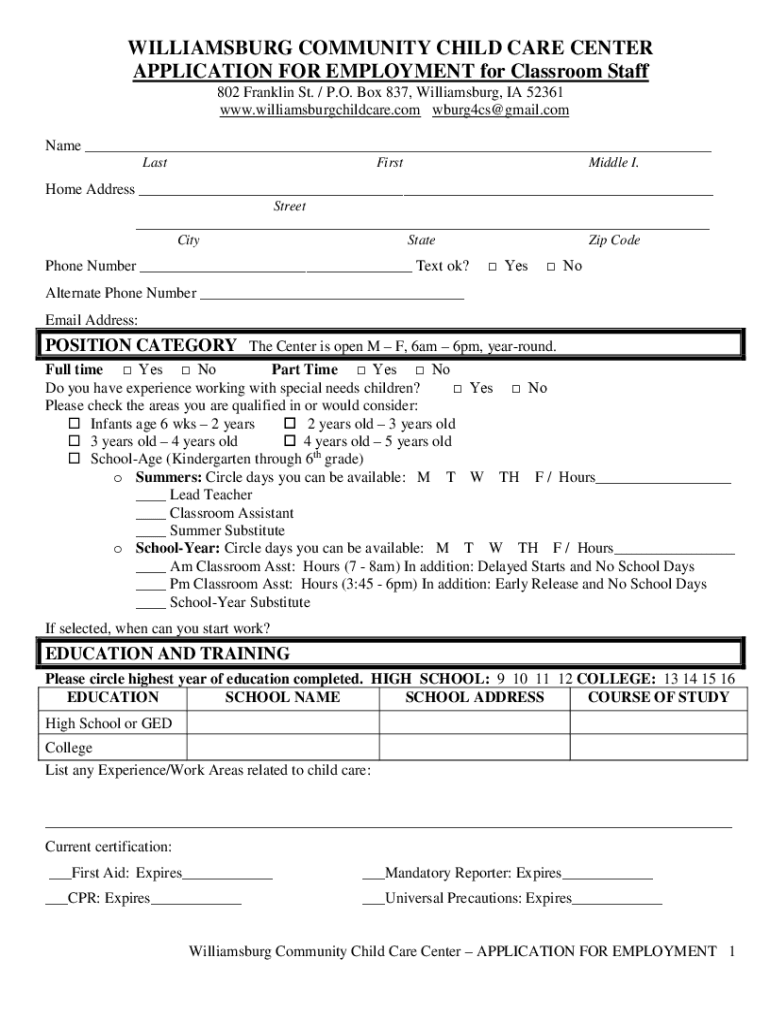 WILLIAMSBURG COMMUNITY CHILD CARE CENTER APPLICATION for EMPLOYMENT for  Form