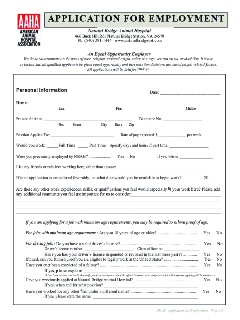 Employment Application Natural Bridge Animal Hospital  Form