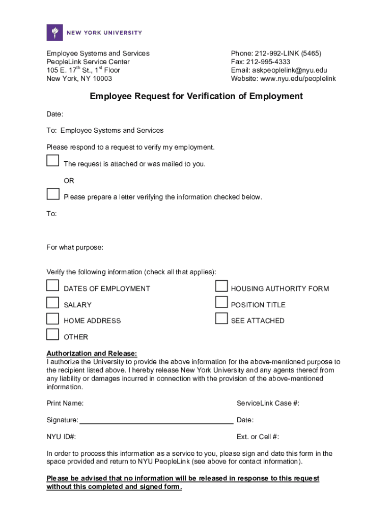 Employee Request for Verification of Employment  Form