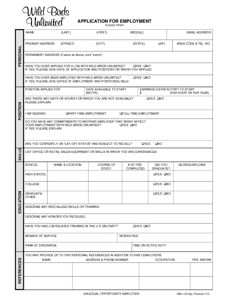 APPLICATION for EMPLOYMENT Wild Birds Unlimited  Form