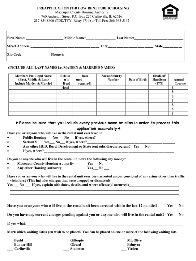 PREAPPLICATION for LOW RENT PUBLIC HOUSING Macoupin County Housing  Form