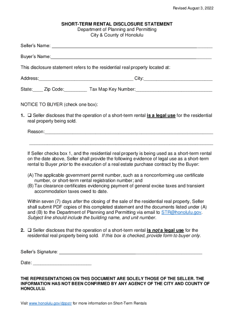 PDF Short Term Rental Disclosure Statement Honolulu Gov  Form