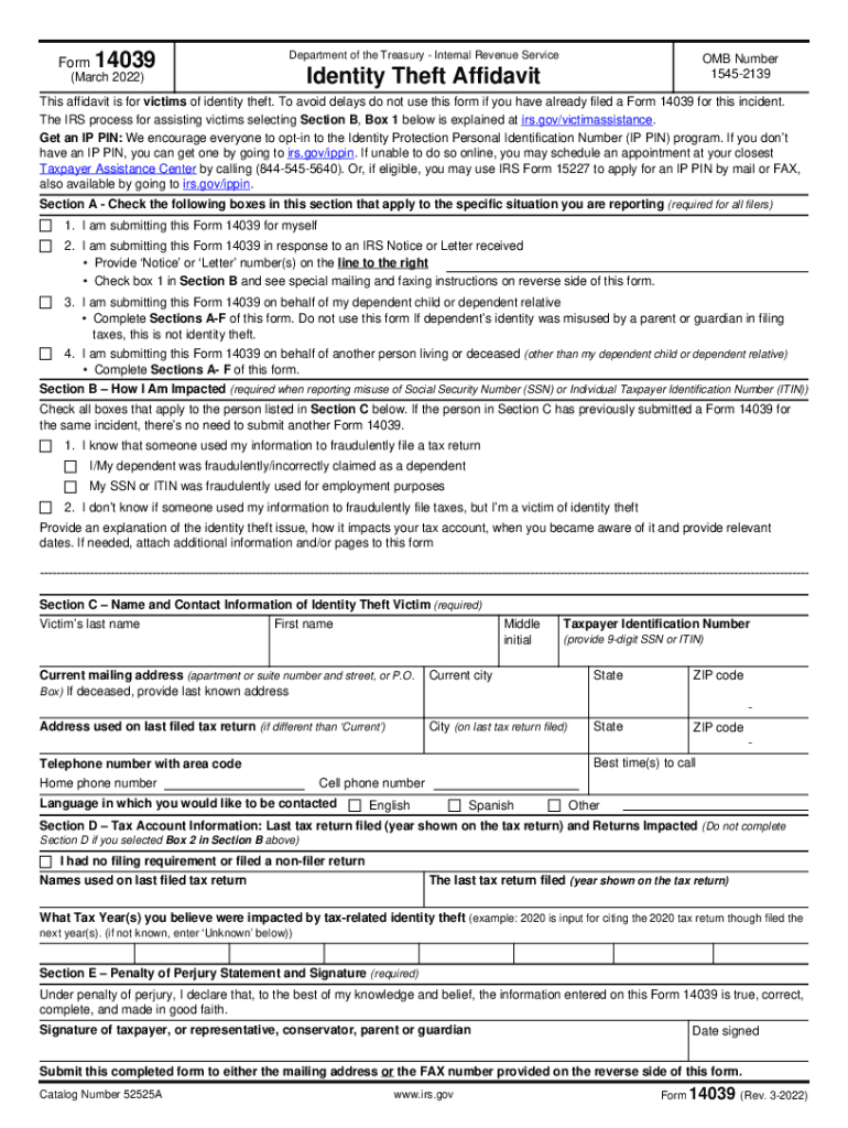  Form 14039 Rev 3 Identity Theft Affidavit 2022