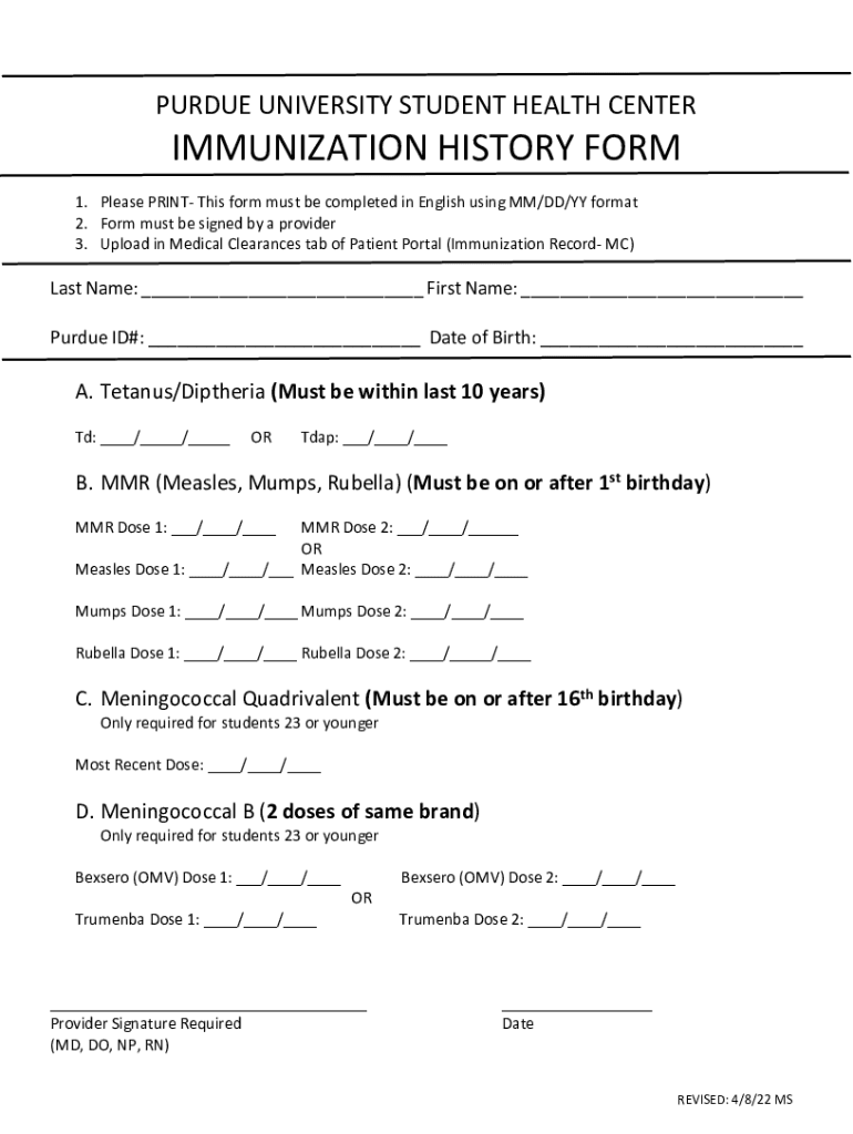 Immunization Purdue University  Form