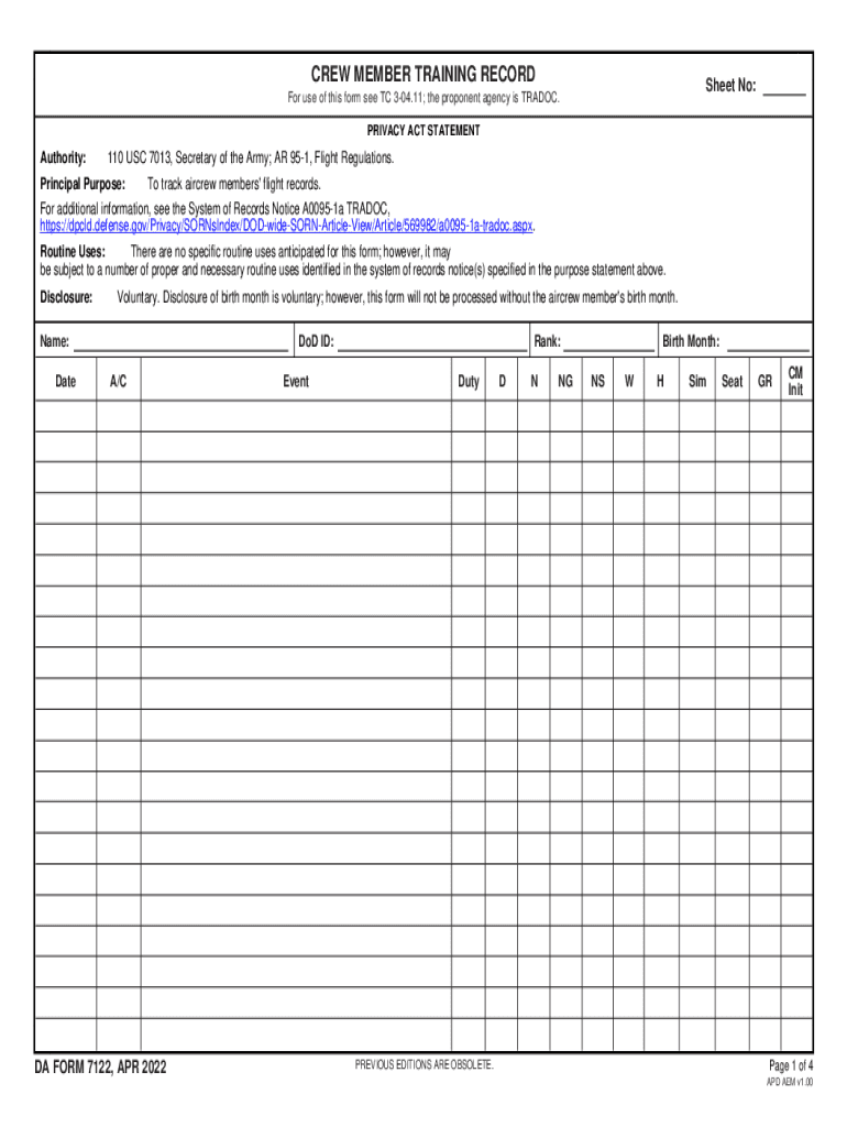 CREW MEMBER TRAINING RECORD DA FORM 7122, APR 2022-2025