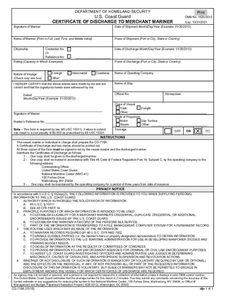  Certificate of Discharge to Merchant Mariner Certificate of Discharge to Merchant Mariner 2018-2024