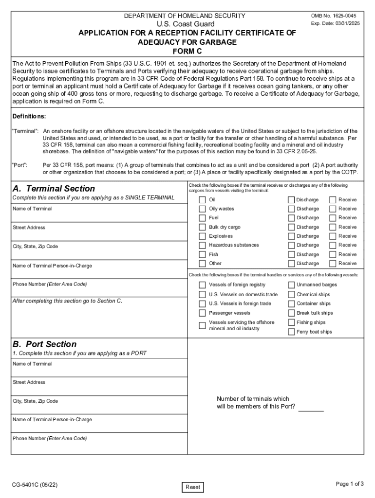  Application for a Reception Facility Certificate of Adequacy for Garbage Form C Application for a Reception Facility Certificate 2022-2024