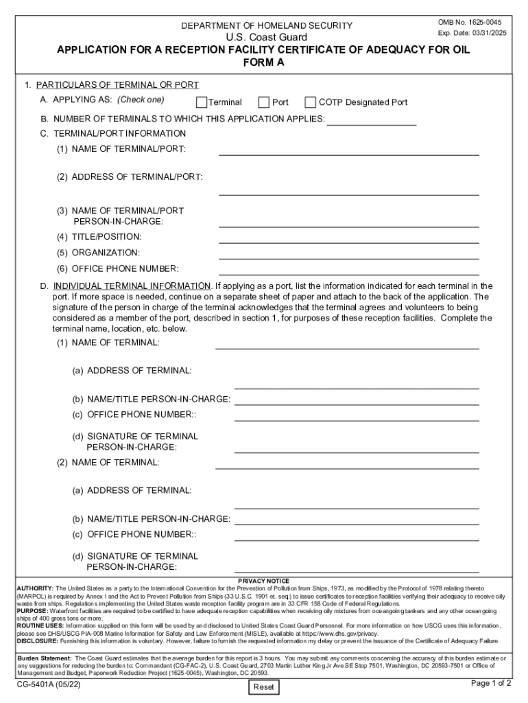 Application for Certificate of Adequacy COA for Reception Facilities Form a
