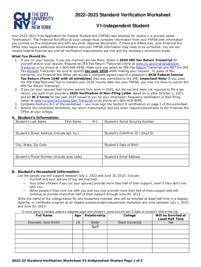  20222023 Standard Verification Worksheet V1 Independent Student 2022-2024