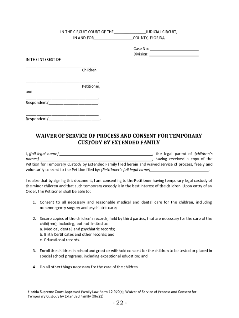  Instructions for Florida Supreme Court Approved Family Law Form 12 970 C Waiver of Service of Process and Consent for Temporary  2021-2024