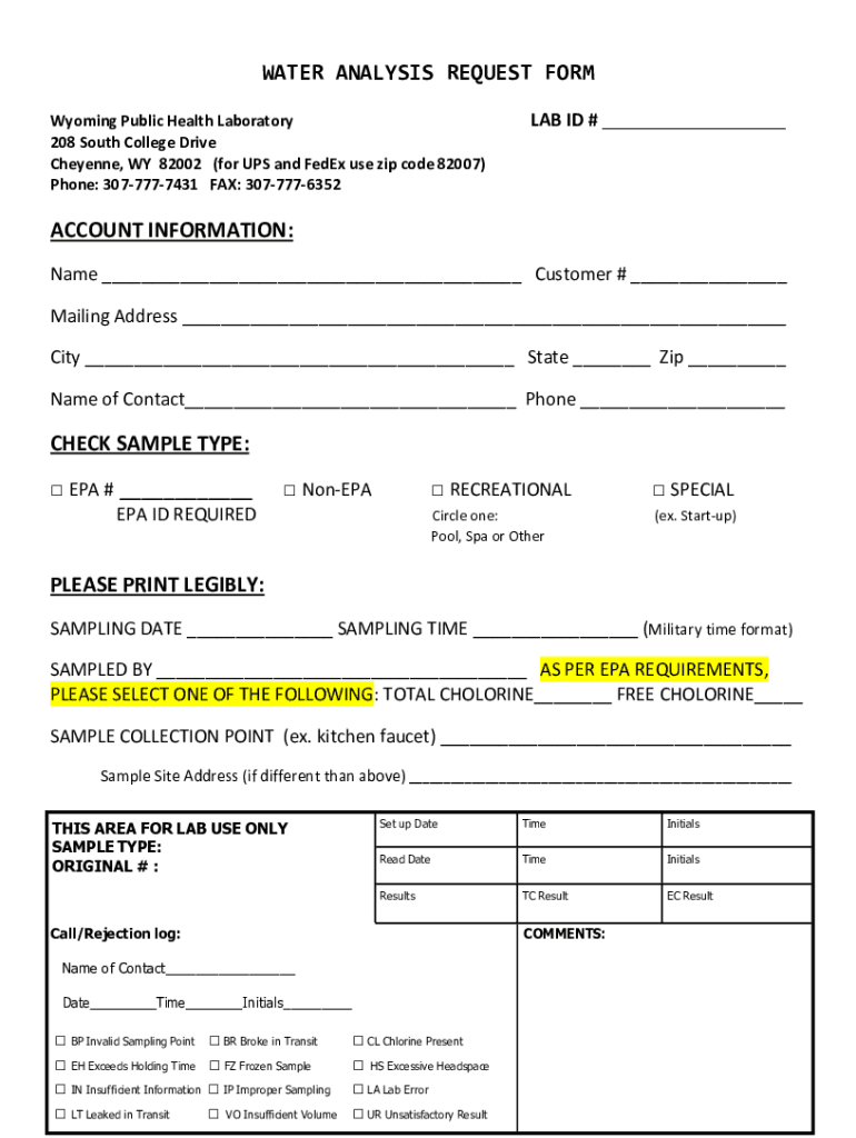  WATER ANALYSIS REQUEST FORM ACCOUNT INFORMATION 2021-2024