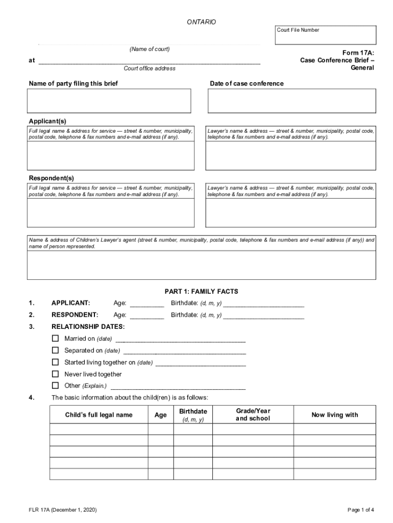  Form 17A Case Conference BriefGeneral ONTARIO 2020-2024