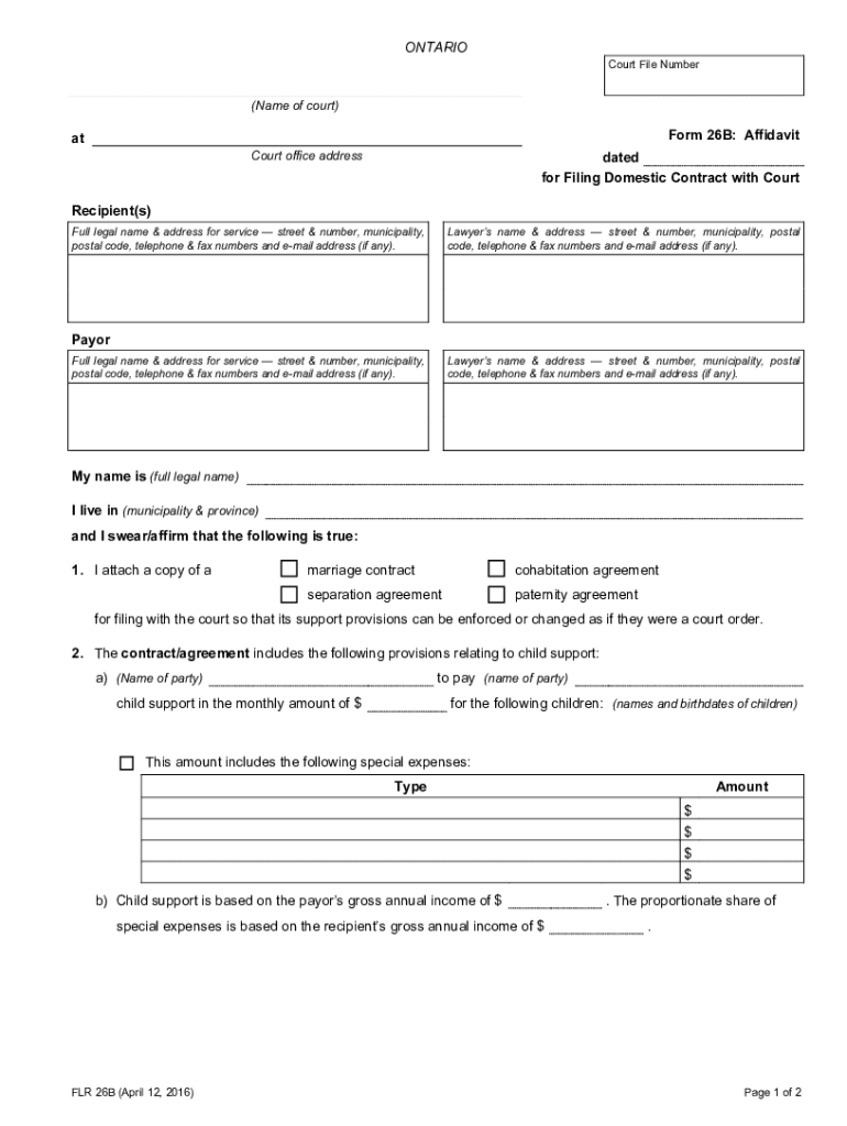  Form 26B Affidavit for Filing Domestic Contract or Paternity Agreement 2016-2024