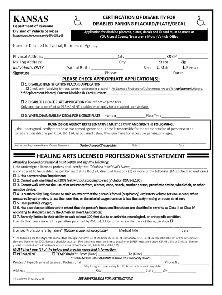  Certification of Disability for Disabled Parking PlacardplatedecalTR 159 Certification of Disability for Disabled Parking Placar 2018-2024