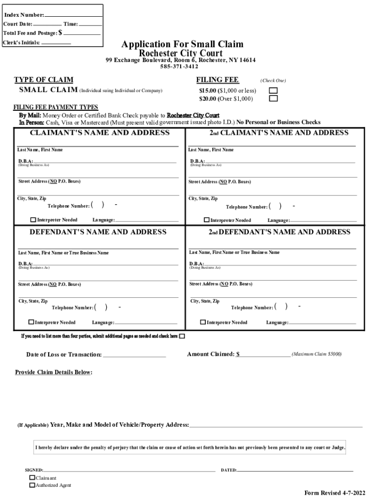 Application for SmallClaim Rochester City Court Judiciary of New York  Form