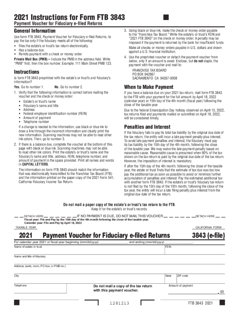  California Form 3843 Payment Voucher for Fiduciary E Filed Returns 2021