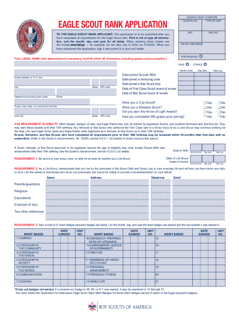  Eagle Scout Application Form Fillable Rank Application in PDF 2022-2024